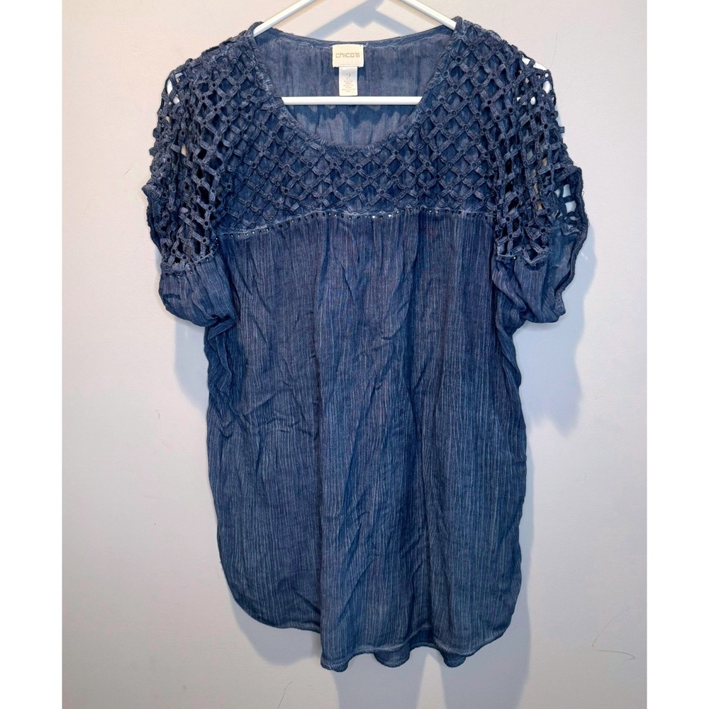 Chicos Womens Blue Crochet Lace Yoke Studded Short Sleeve Top 2/L Resortwear